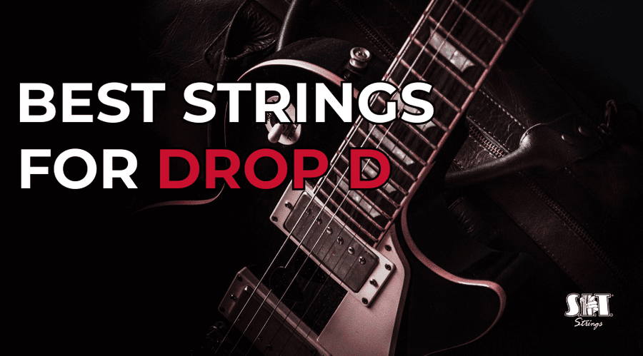 Electric guitar with S.I.T. string packs and the title Best Strings for Drop D Tuning