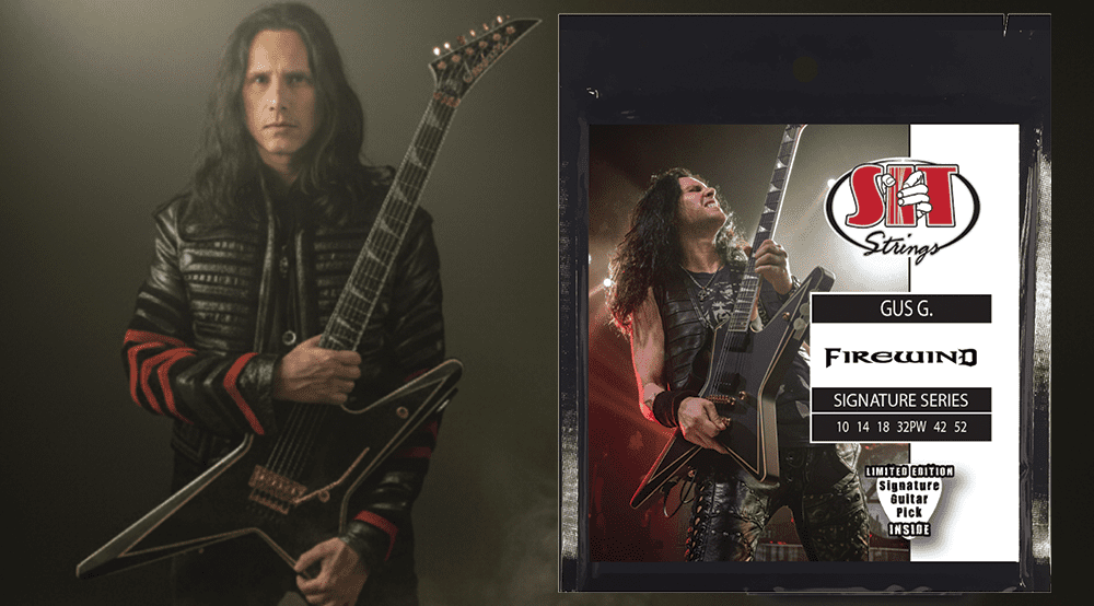 Gus G. playing electric guitar with the title Announcing the Gus G. Signature Guitar String Set