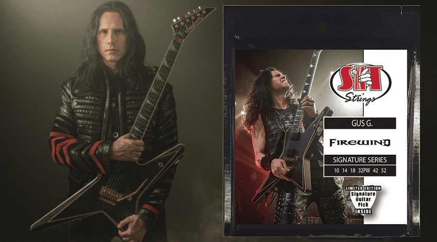 Gus G. playing electric guitar with the title Announcing the Gus G. Signature Guitar String Set