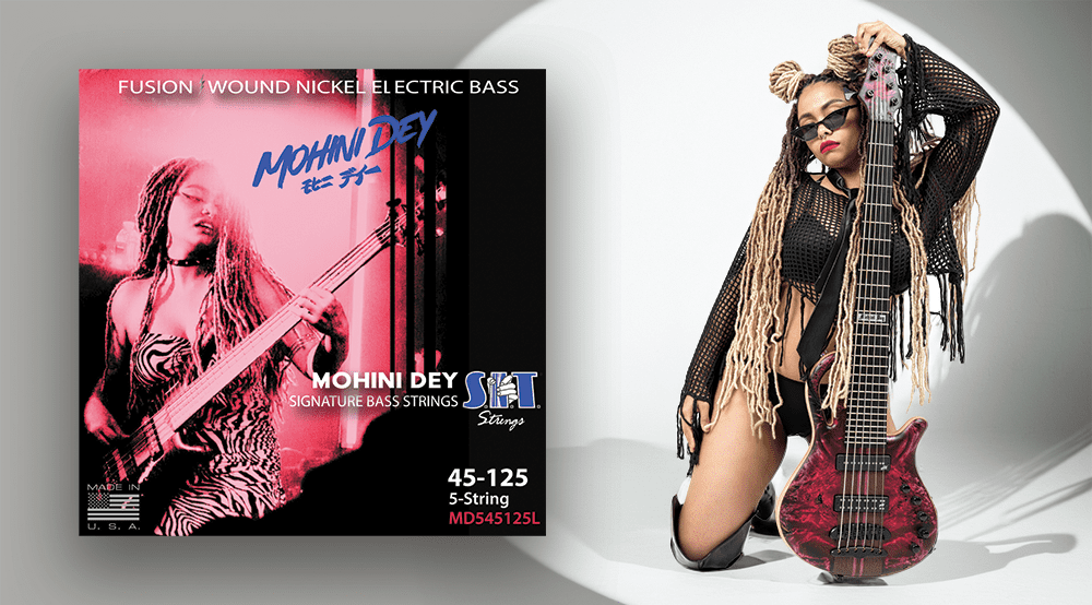 Mohini Dey playing bass with the title Mohini Dey Signature Bass Strings