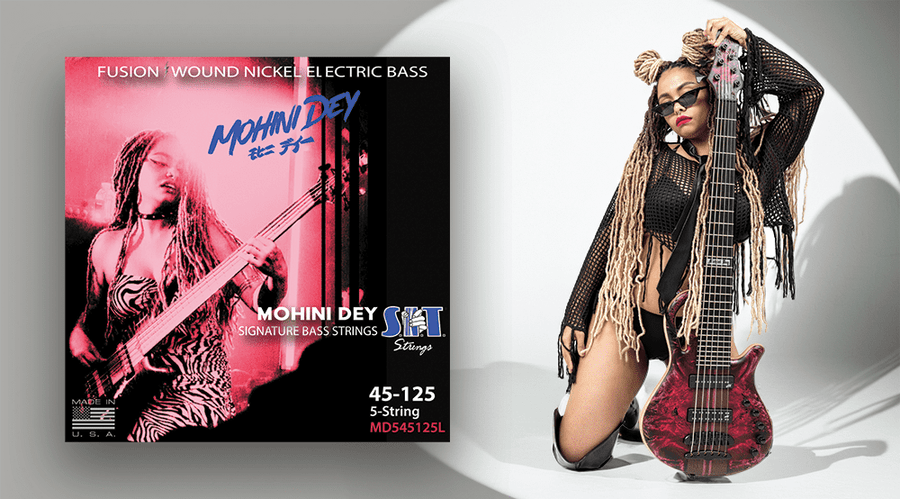Mohini Dey playing bass with the title Mohini Dey Signature Bass Strings