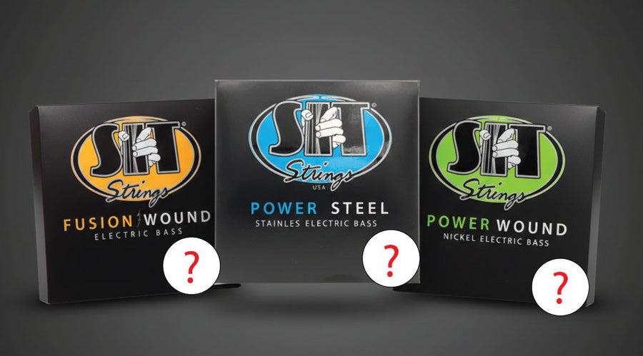 Bass guitar with S.I.T. bass string packs and the title How to Choose Electric Bass Strings