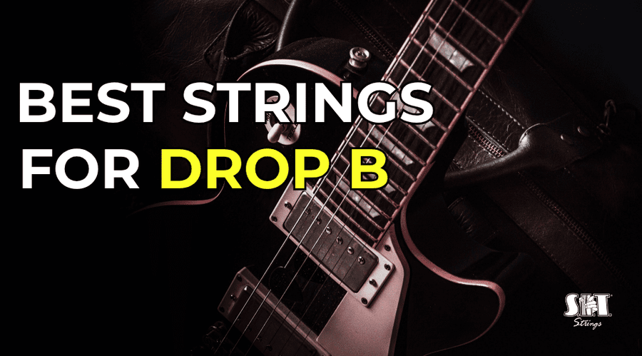 Electric guitar with S.I.T. string packs and the title Best Strings for Drop B Tuning