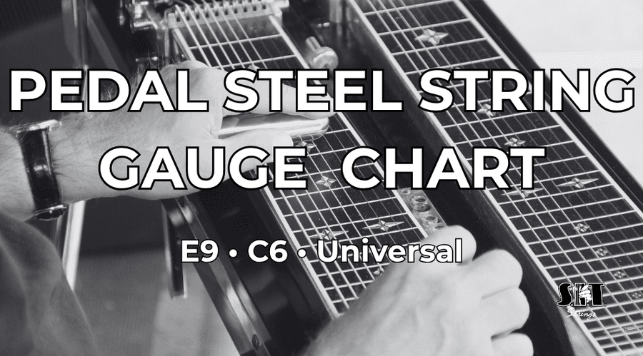 Pedal steel guitar with the title Pedal Steel String Gauge Chart