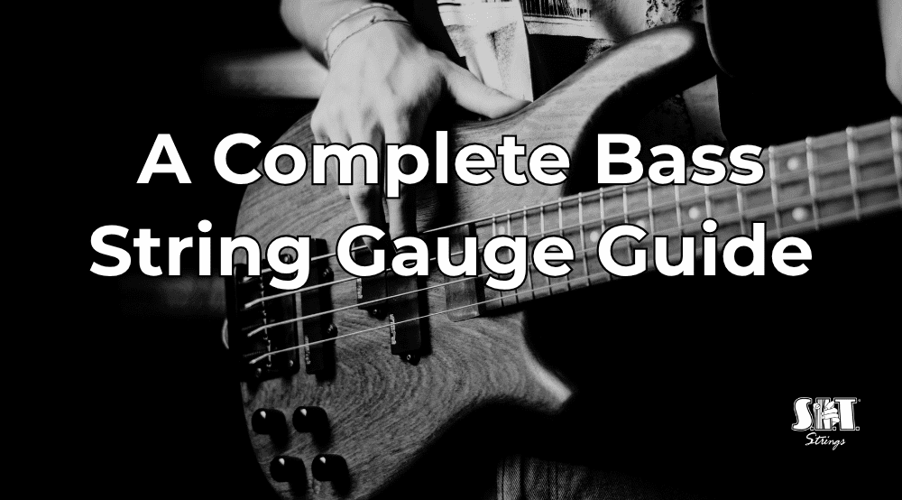 Bass guitar strings in several gauges with the title What Gauge Bass Strings Should I Use