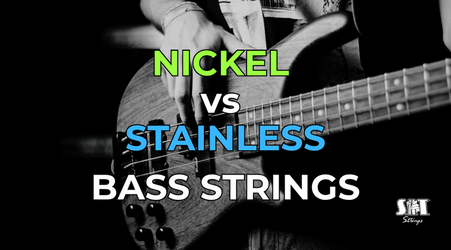Bass guitar with S.I.T. nickel and stainless bass string packs and the title Nickel vs Stainless Steel Bass Strings