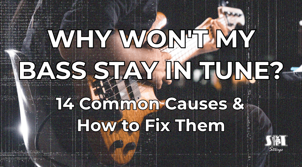 Bass guitar tuners and nut with the title Why Won't My Bass Stay in Tune