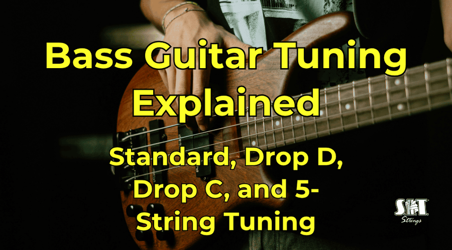 Bass guitar headstock and tuners with the title Bass Guitar Tuning Explained