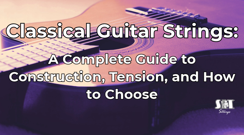 Acoustic guitar body with the title Classical Guitar Strings: Construction, Tension, and How to Choose