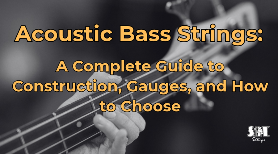 Hand fretting a bass neck with the title Acoustic Bass Strings: Construction, Gauges, and How to Choose