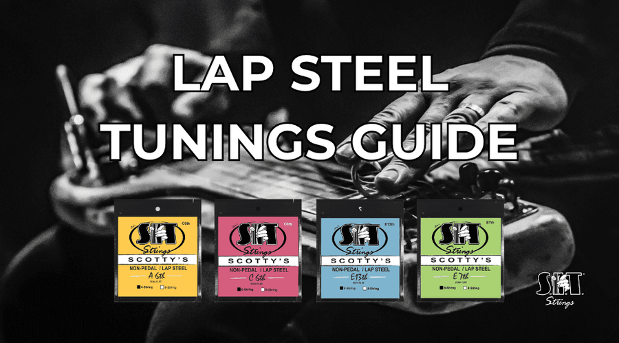 Lap steel guitar with the title Lap Steel Guitar Tunings Guide and S.I.T. lap steel string packs