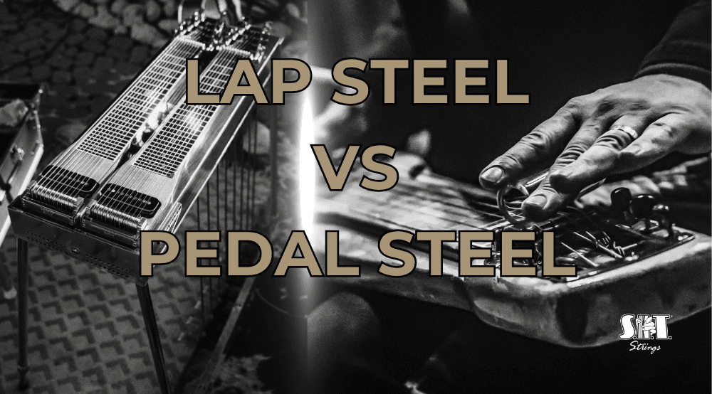 Pedal steel and lap steel guitars side by side with the title Pedal Steel vs Lap Steel