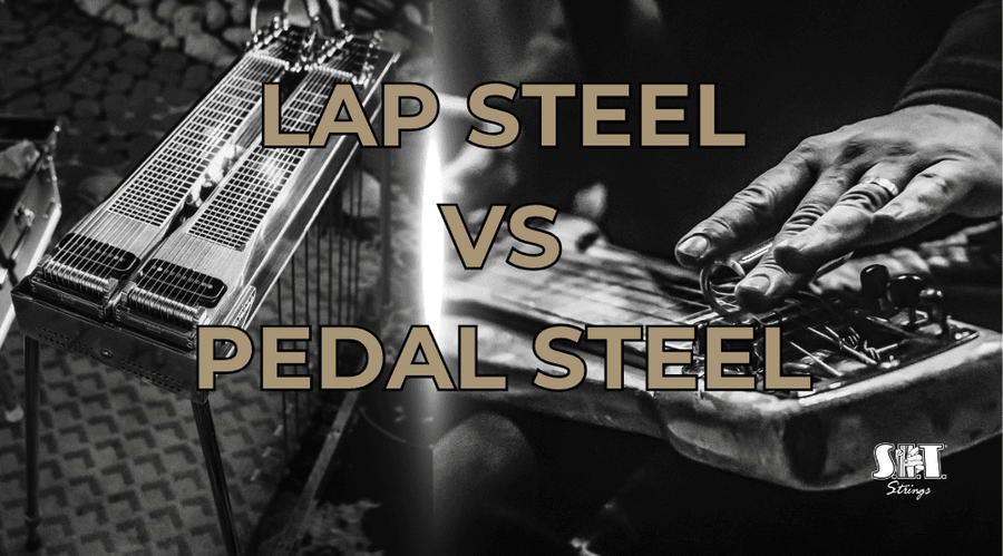 Pedal steel and lap steel guitars side by side with the title Pedal Steel vs Lap Steel