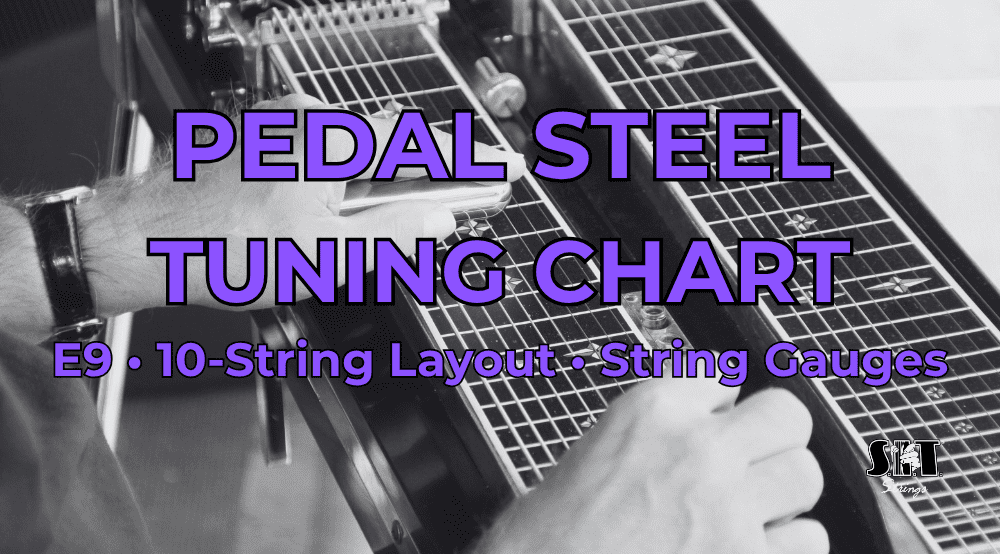 Pedal steel guitar neck with the title E9 Pedal Steel Tuning Chart