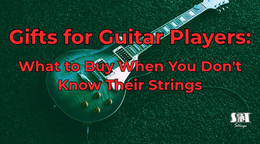 Electric guitar on a dark green background with the title Gifts for Guitar Players: What to Buy When You Don't Know Their Strings