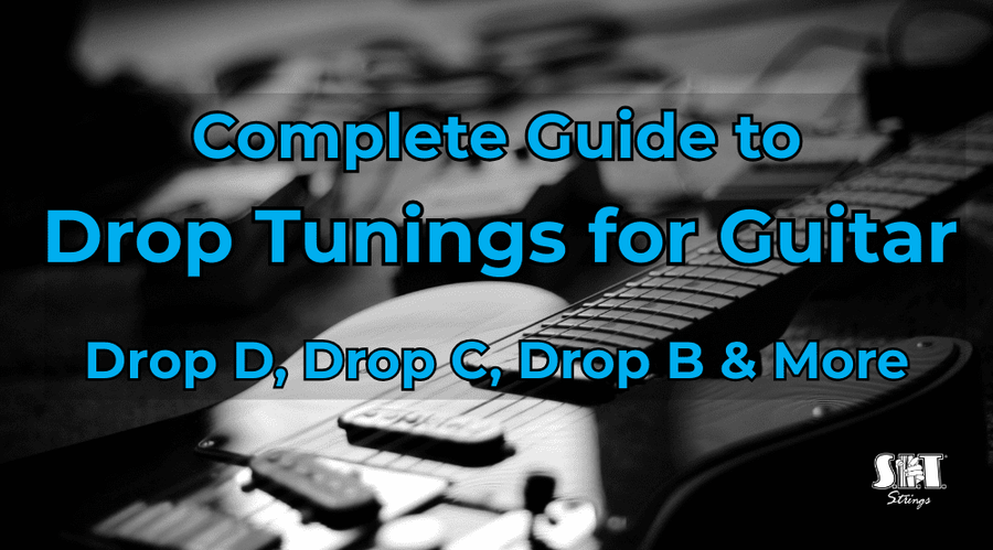 Electric guitar headstock with the title Complete Guide to Drop Tunings for Guitar