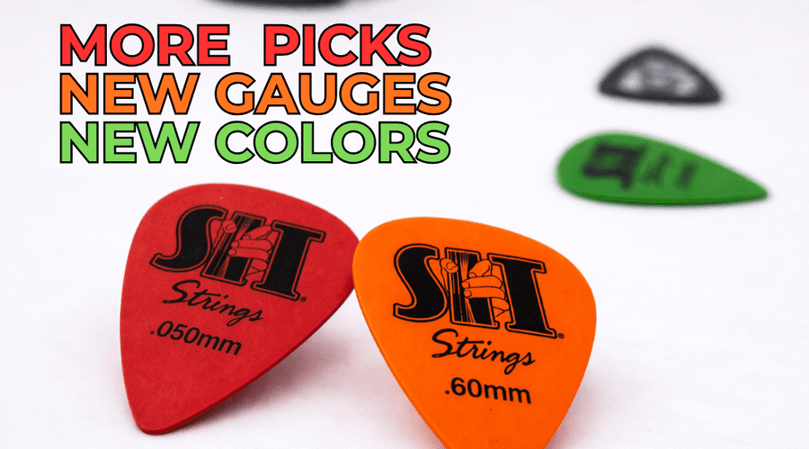 S.I.T. guitar picks in assorted colors and gauges with the title We Expanded Our Guitar Pick Line